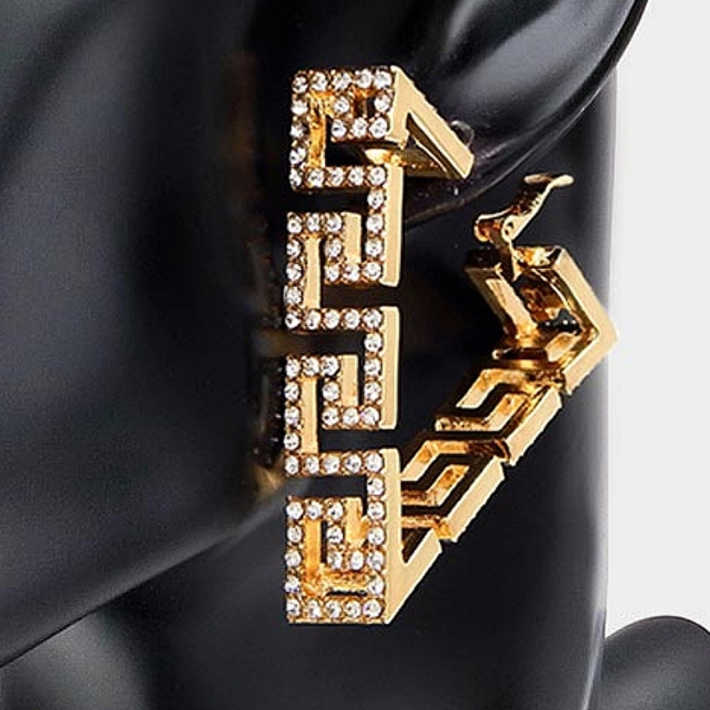 Gold Greek Key Patterned Rhinestone Crystal Triangle Hoop Earrings - Picture 2 of 2
